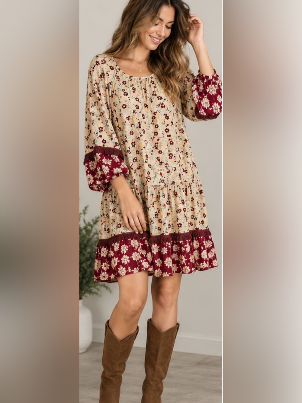 Easel Los Angeles NWT Size L Mixed Floral Boho Babydoll Dress
